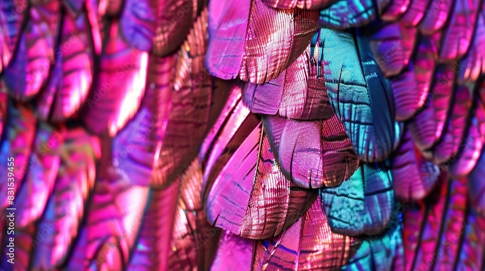   A close-up of vibrant pink and blue feathers adorning a sheet resembling a bird's wing