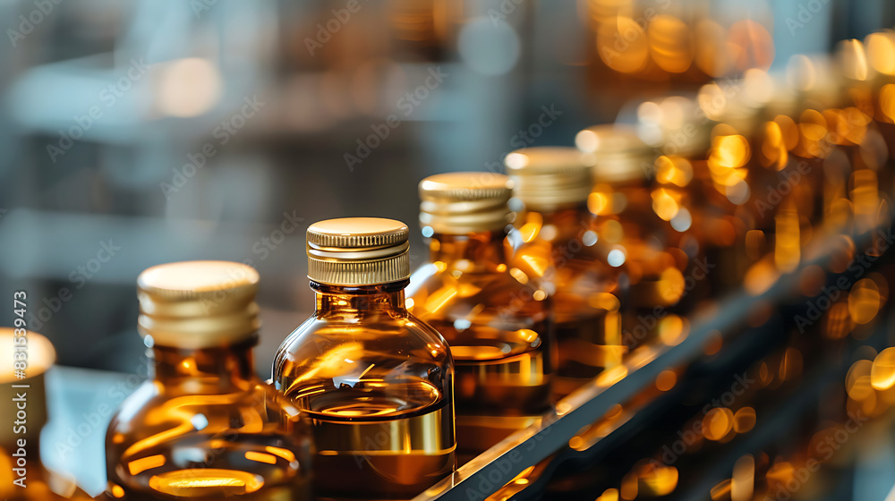 a close-up view of a production line with multiple amber glass bottles capped with golden caps a close-up view of a production line with multiple amber glass bottles capped with golden caps