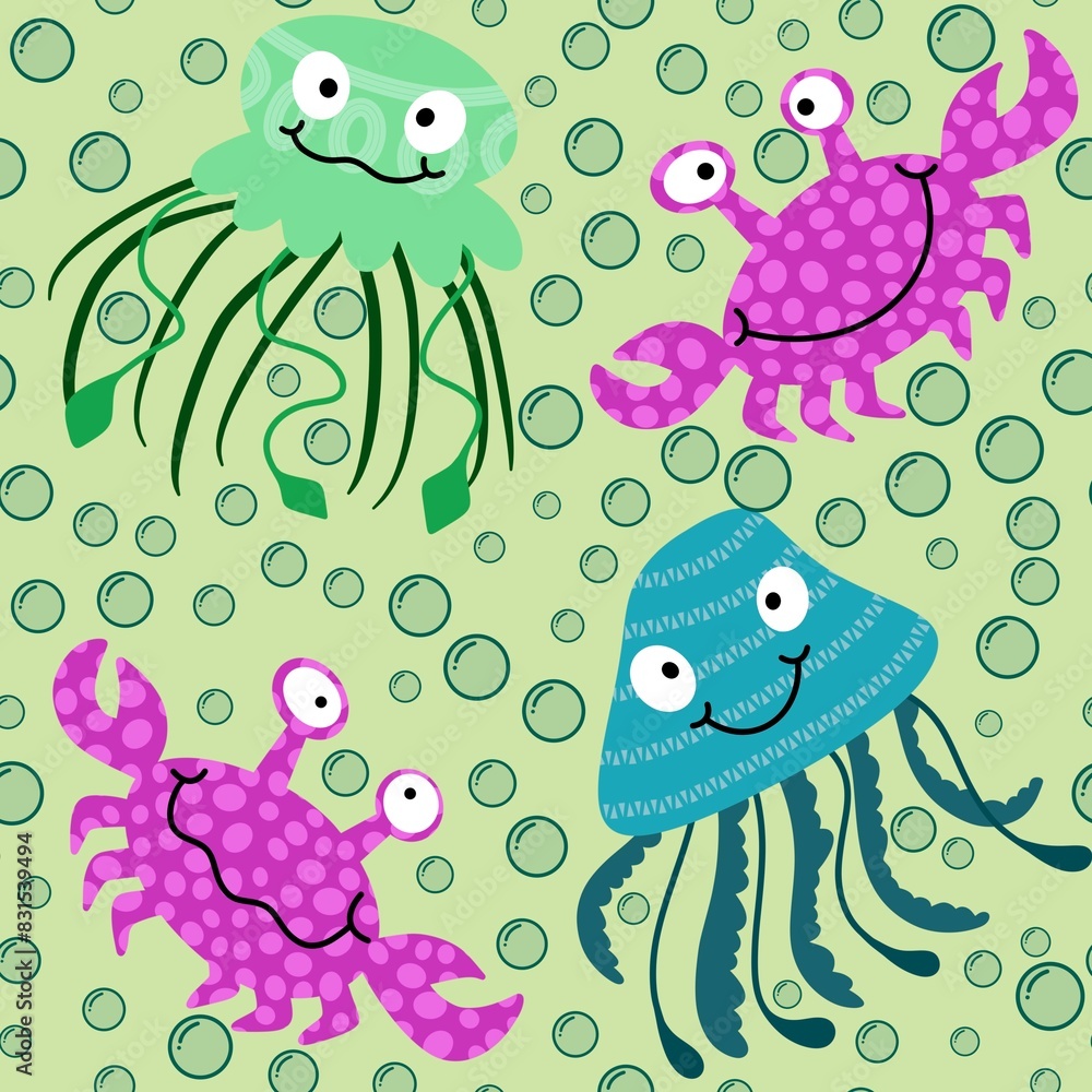 Naklejka premium Summer animals print seamless cartoon crabs and jellyfish pattern for wrapping