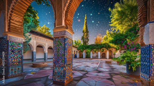 Moorish horseshoe arches and vibrant mosaics in a serene courtyard create breathtaking artistry. photo