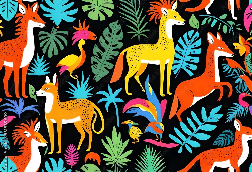 seamless pattern with giraffe Geometric farming,70s Maximalist,pattern,, colorful vibrant, fox,, tropical elements, animals, flat color seamless pattern with giraffe Geometric farming,70s Maximalist,pattern,, colorful vibrant, fox,, tropical elements, animals, flat color
