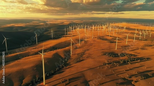   An aerial photo of a wind turbine cluster with numerous windmills upfront and a sunset backdrop photo