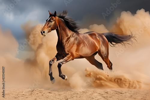 Bay horse run gallop in desert sand
