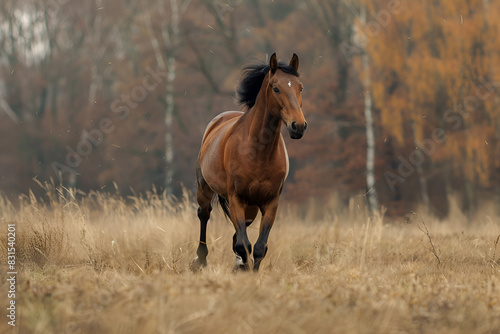 Bay horse running on a meadow.