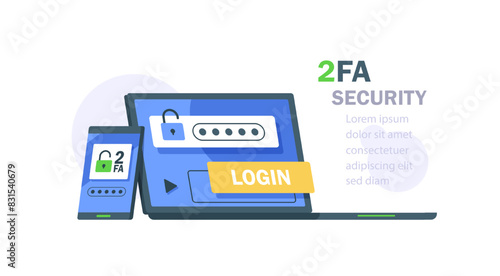 Two steps authentication. Verification code message on smartphone. Notice with code for secure login or sign in. Two factor verification via laptop and phone