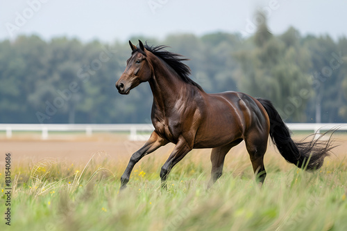 Bay horse running on a meadow.