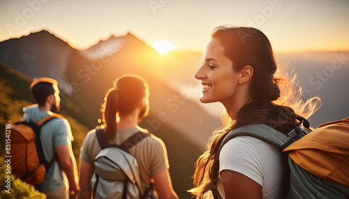 Carefree Happy Woman Enjoying Nature on grass meadow on top of mountain cliff with sunrise. Beauty Girl Outdoor. Freedom concept. Len flare effect. Sunbeams. Enjoyment
