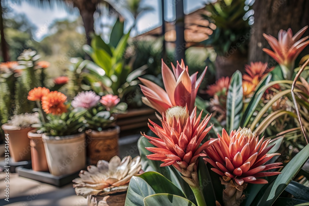 Close-up of tropical flowers and plants, blur beach background Close-up of tropical flowers and plants, blur beach background