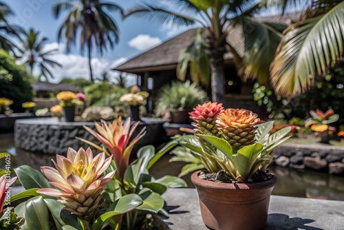 Close-up of tropical flowers and plants  blur beach background