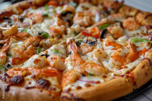 Hot pizza cheese crust seafood topping sauce vegetables delicious fast food