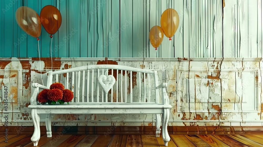 A bench sits atop a wooden floor beside a heart-shaped balloons on a wall A bench sits atop a wooden floor beside a heart-shaped balloons on a wall