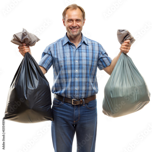 Smiling man holds two garbage bags, one in each hand
