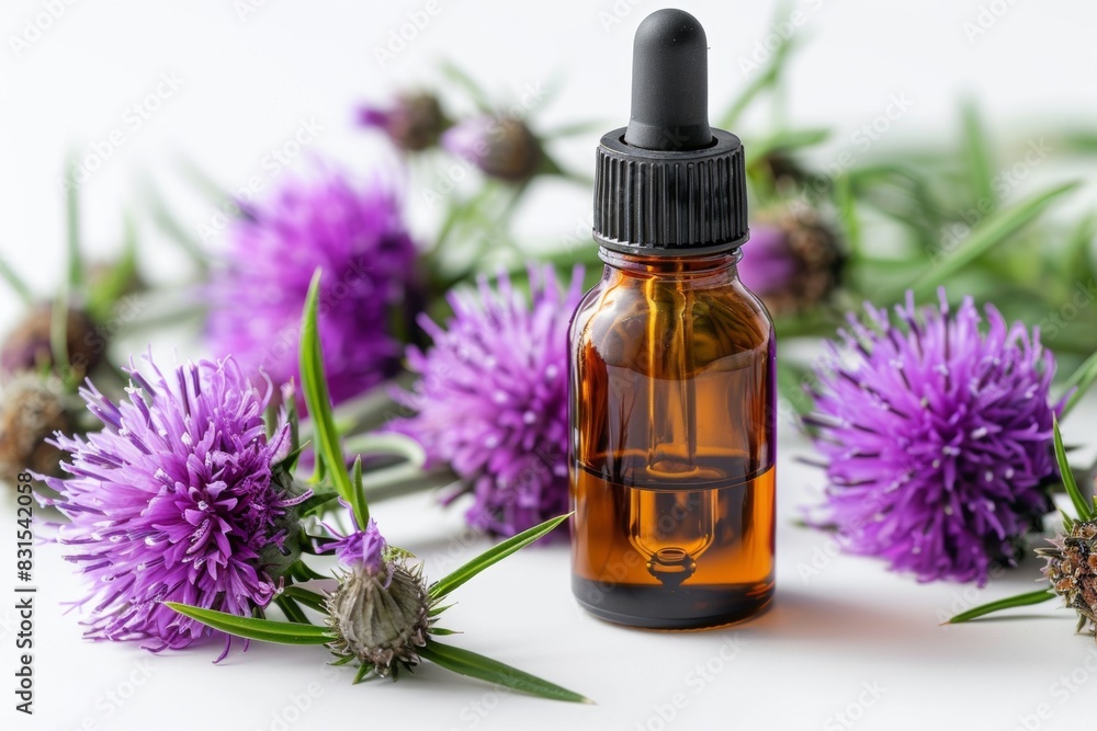 natural liver detoxification, an amber bottle of milk thistle oil extract with a dropper, used for liver detox and cleansing, shown on a white background natural liver detoxification, an amber bottle of milk thistle oil extract with a dropper, used for liver detox and cleansing, shown on a white background