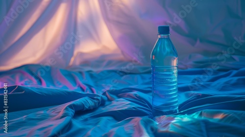 Bottle of water placed on top of blue sheets, bottle of water sits on bed bathed in blue light. photo