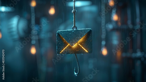 A fishing hook with an envelope icon hanging from it, representing the concept of global business online and daily market protection against cyber attacks and a managerial posture of technology photo