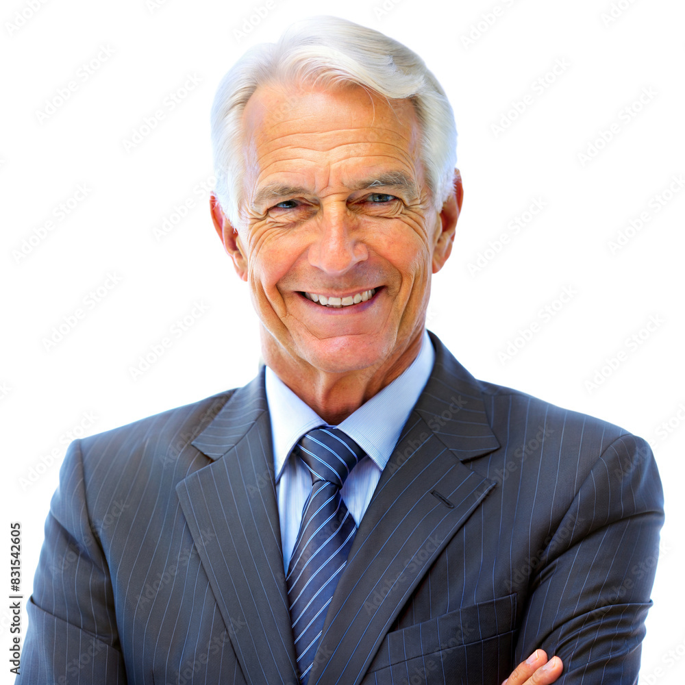 A senior businessman in a gray suit folds his arms and smiles confidently A senior businessman in a gray suit folds his arms and smiles confidently