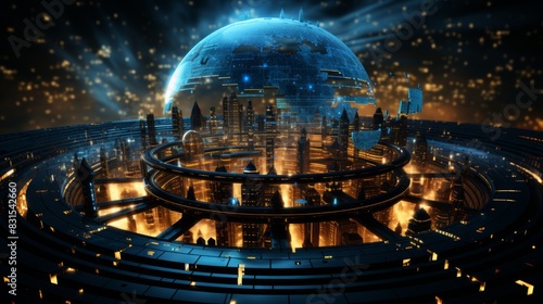 abstract technology concept - glass sphere with city on background