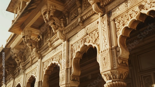 Intricate Indian archways with traditional carvings and inlays shimmer under sunlight, showcasing rich heritage. photo