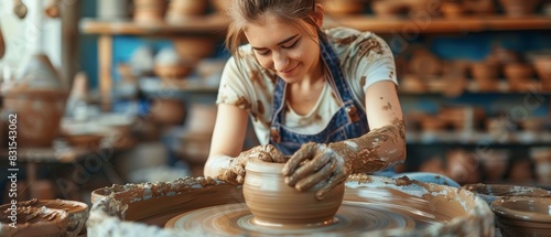 Young woman creating pottery on a spinning wheel in a workshop, focused on shaping a clay pot with shelves of ceramic pieces in the background.