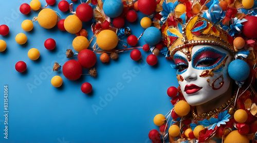 Colorful Mardi Gras mask with beads and feathers decor on a background, perfect for carnival, Mardi Gras, party, celebration, and theme-related concepts. Generative AI.  © KING 