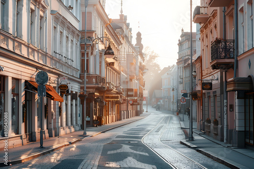 City street with empty road and morning light in Europe, Lithuania, Vilnius photo