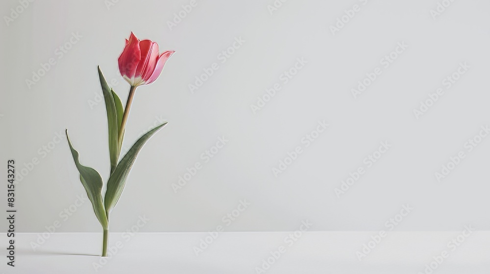 Fototapeta premium Single red tulip stands against white wall, single red tulip stands against white wall.
