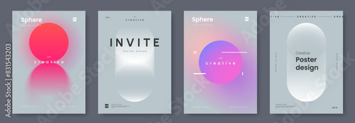 Minimalistic poster collection with simple design and place for text. Simple round gradient shape with glow and blend effect on light gray background. Ideal for banner, ad, promo, invitation, etc.