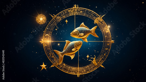 Zodiac sign Pisces golden on a dark background