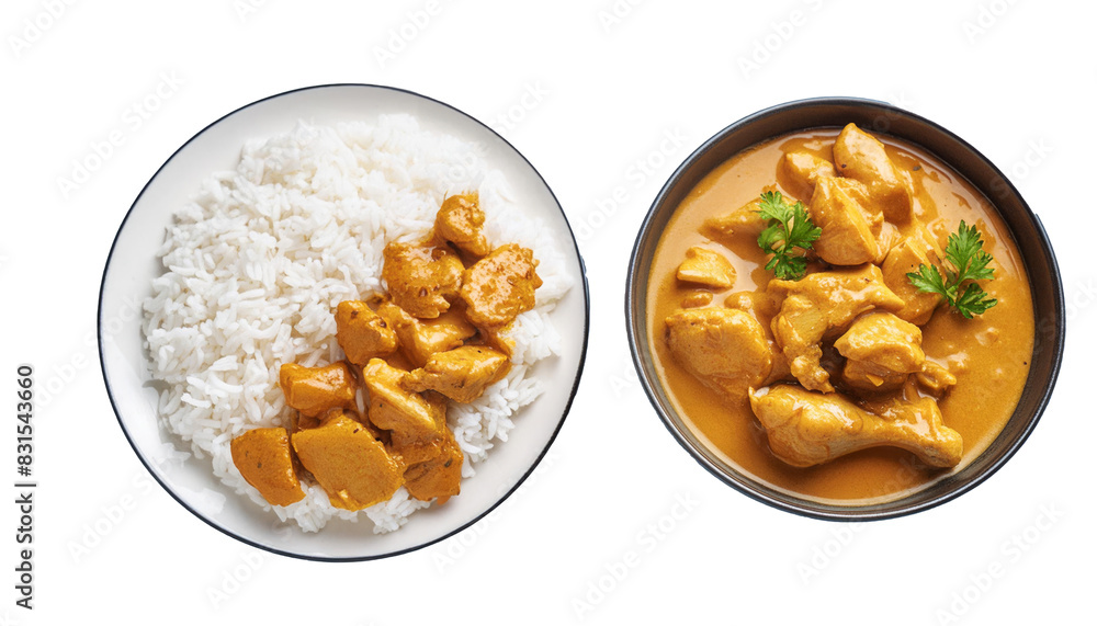 Chicken and cashew red curry with rice isolated on transparent background Chicken and cashew red curry with rice isolated on transparent background