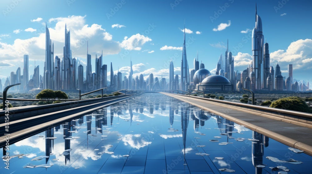 Obraz premium Futuristic city with a blue sky and clouds