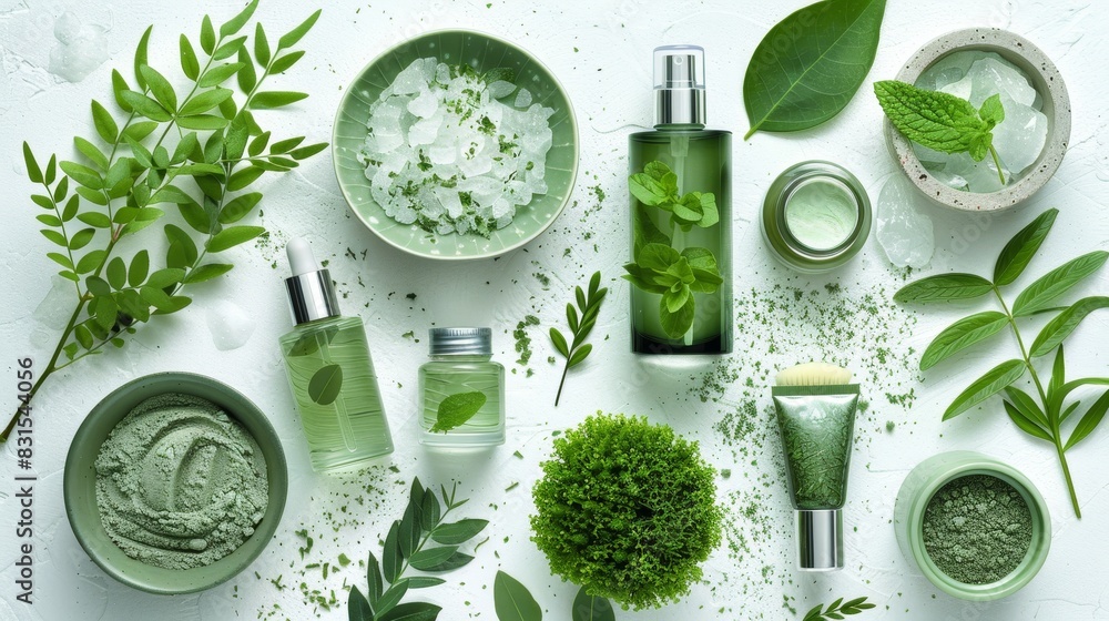 Assorted cosmetic bottles and containers seen from above on a clean white background Assorted cosmetic bottles and containers seen from above on a clean white background