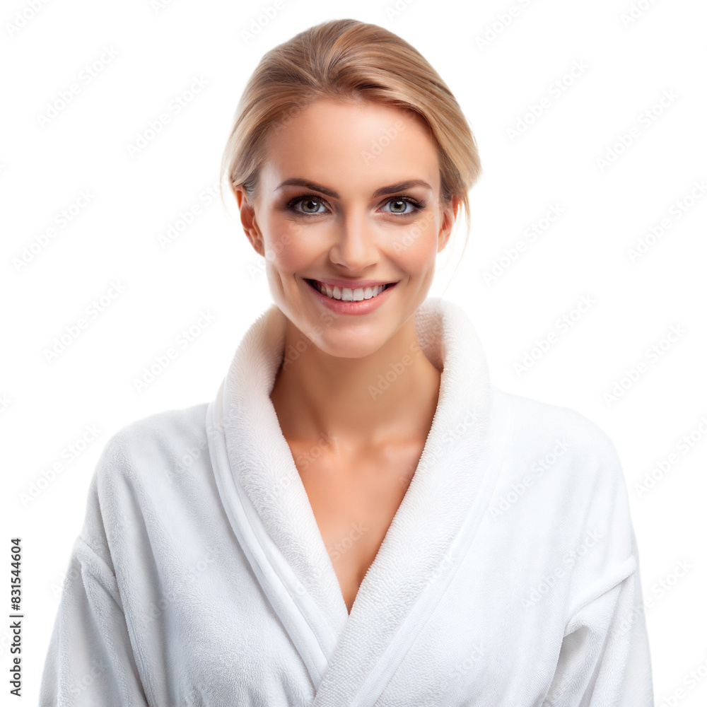 A woman is smiling and wearing a white robe