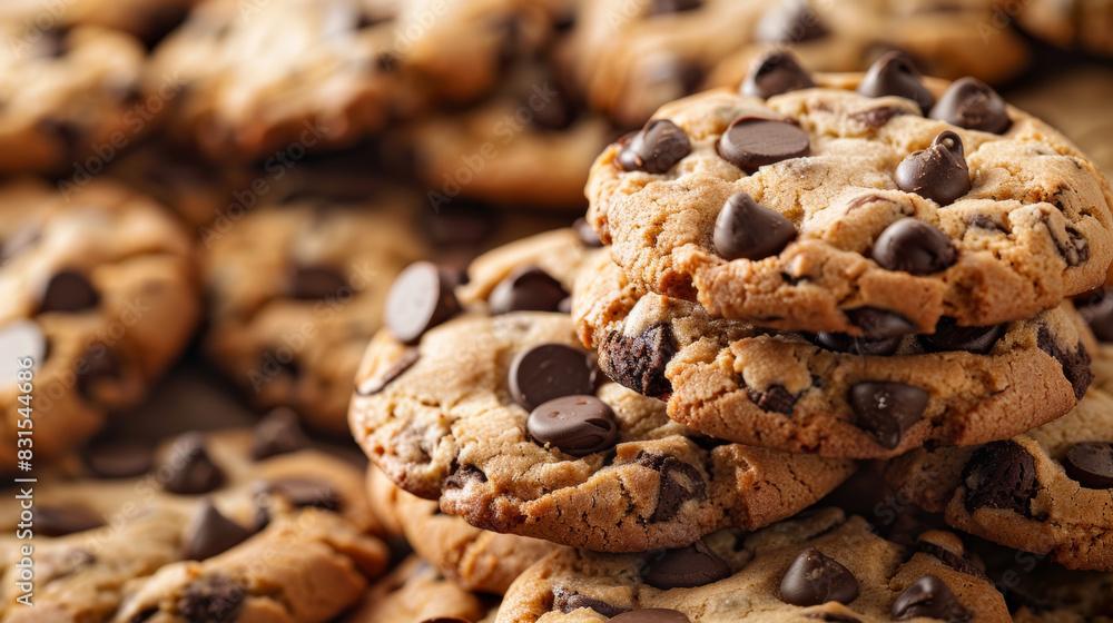 Chocolate chip cookies stacked. National Chocolate Chip Cookie Day concept. Chocolate chip cookies stacked. National Chocolate Chip Cookie Day concept.