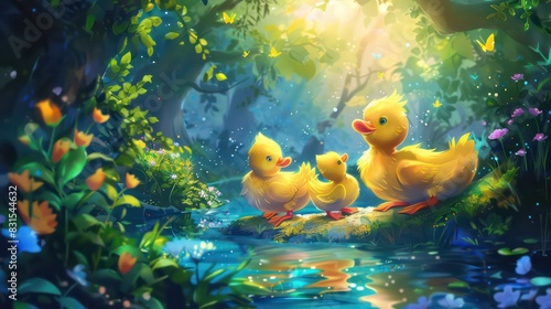 Plutus in a vibrant , baby ducklings beautiul scenery sparkling effects, background drawing anime-inspired characters and scenery