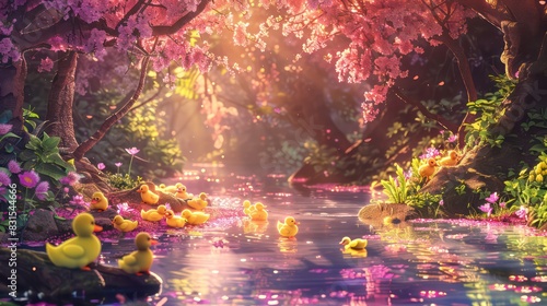 Plutus in a vibrant , baby ducklings beautiul scenery sparkling effects, background drawing anime-inspired characters and scenery photo