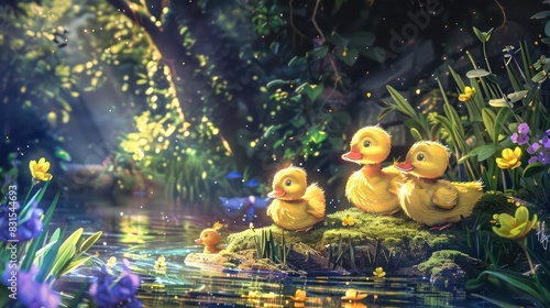 Plutus in a vibrant , baby ducklings beautiul scenery sparkling effects, background drawing anime-inspired characters and scenery photo