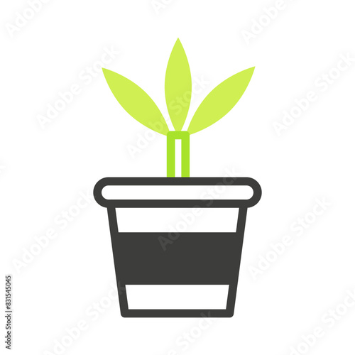Sprout in pot, gardening hobby symbol, black and green line icon vector illustration