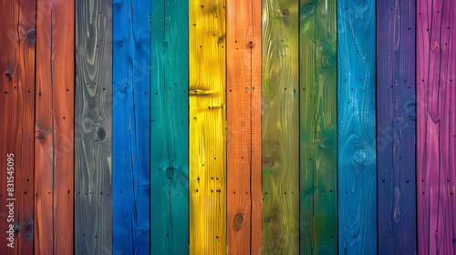 a captivating gradient effect created by vertical wooden planks painted in various colors, transitioning through the colors of the rainbow
