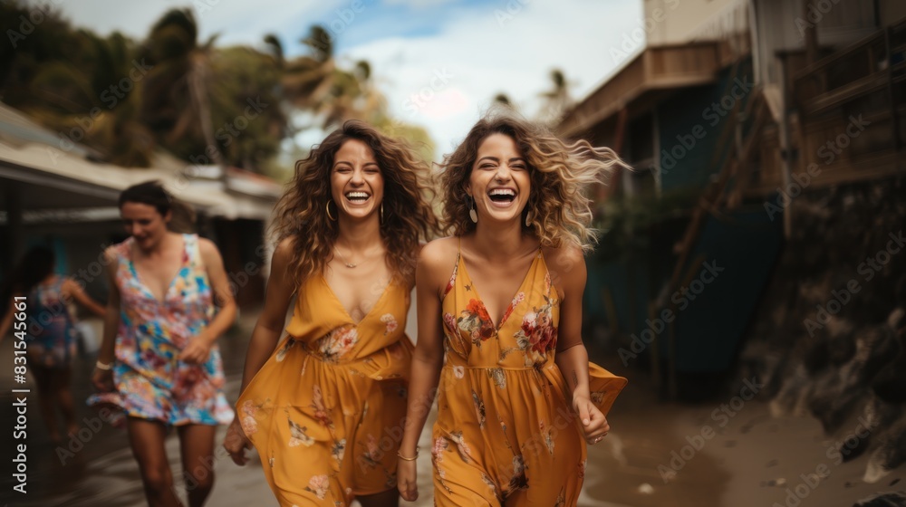 Cheerful friends laugh while running barefoot on a wet, overflowing street