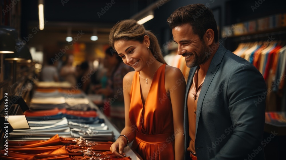 An elegant man and woman are shopping together in a high-end clothing boutique with their faces blurred An elegant man and woman are shopping together in a high-end clothing boutique with their faces blurred