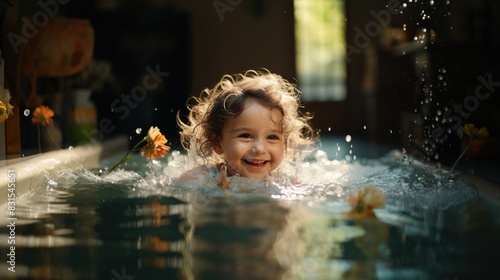 A delightful toddler beams with joy during a playful bath surrounded by floating flowers