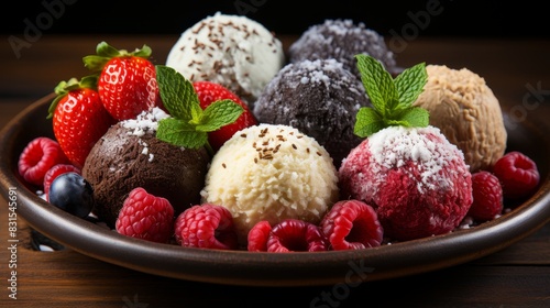 Top view  chocolate berry ice cream balls in container with raspberry and strawberry flavors