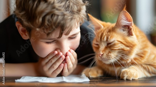 Child with cat hair allergy sneezing next to pet at home   concept of allergic reaction to animals