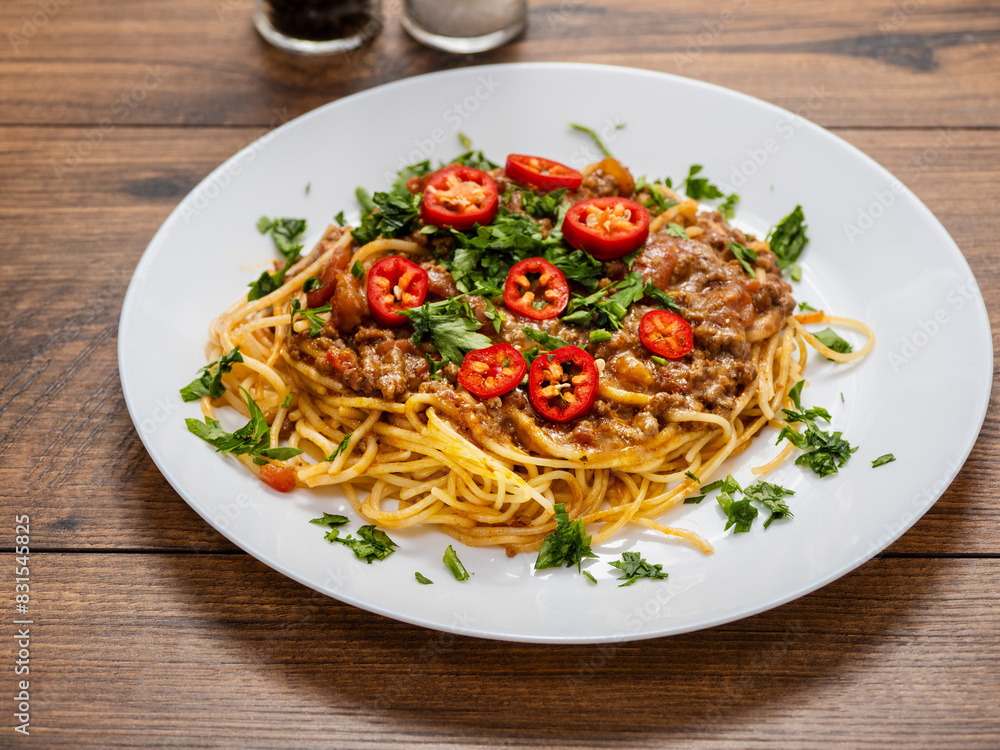 A plate of spaghetti with meat sauce and tomatoes. The plate is on a wooden table. The dish looks delicious and inviting. Italian style meal made with high quality product. A plate of spaghetti with meat sauce and tomatoes. The plate is on a wooden table. The dish looks delicious and inviting. Italian style meal made with high quality product.