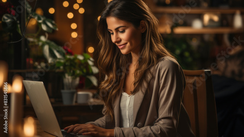 A woman with a soft smile is focused while working on her laptop in a cozy indoor setting