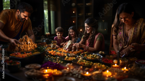 An Indian family gathers around for a traditional meal during a festive celebration