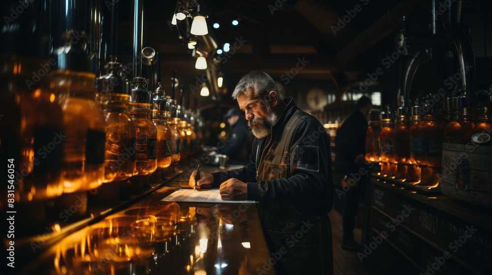 A man with blurred face reads at a bar counter under warm amber lighting, surrounded by large distillery containers A man with blurred face reads at a bar counter under warm amber lighting, surrounded by large distillery containers