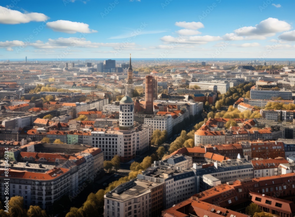 Naklejka premium Aerial city view with crossroads and roads, houses, buildings, parks and parking lots. Sunny summer panoramic image.