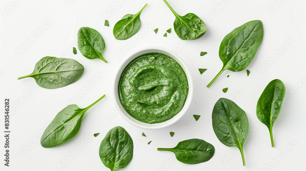 green smoothie with fresh spinach leaves on a white background, top view, flat lay, closeup, high resolution photography green smoothie with fresh spinach leaves on a white background, top view, flat lay, closeup, high resolution photography