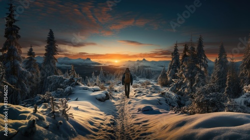 A solitary hiker stands amidst a snow-covered landscape  observing the breathtaking sunrise over distant mountains